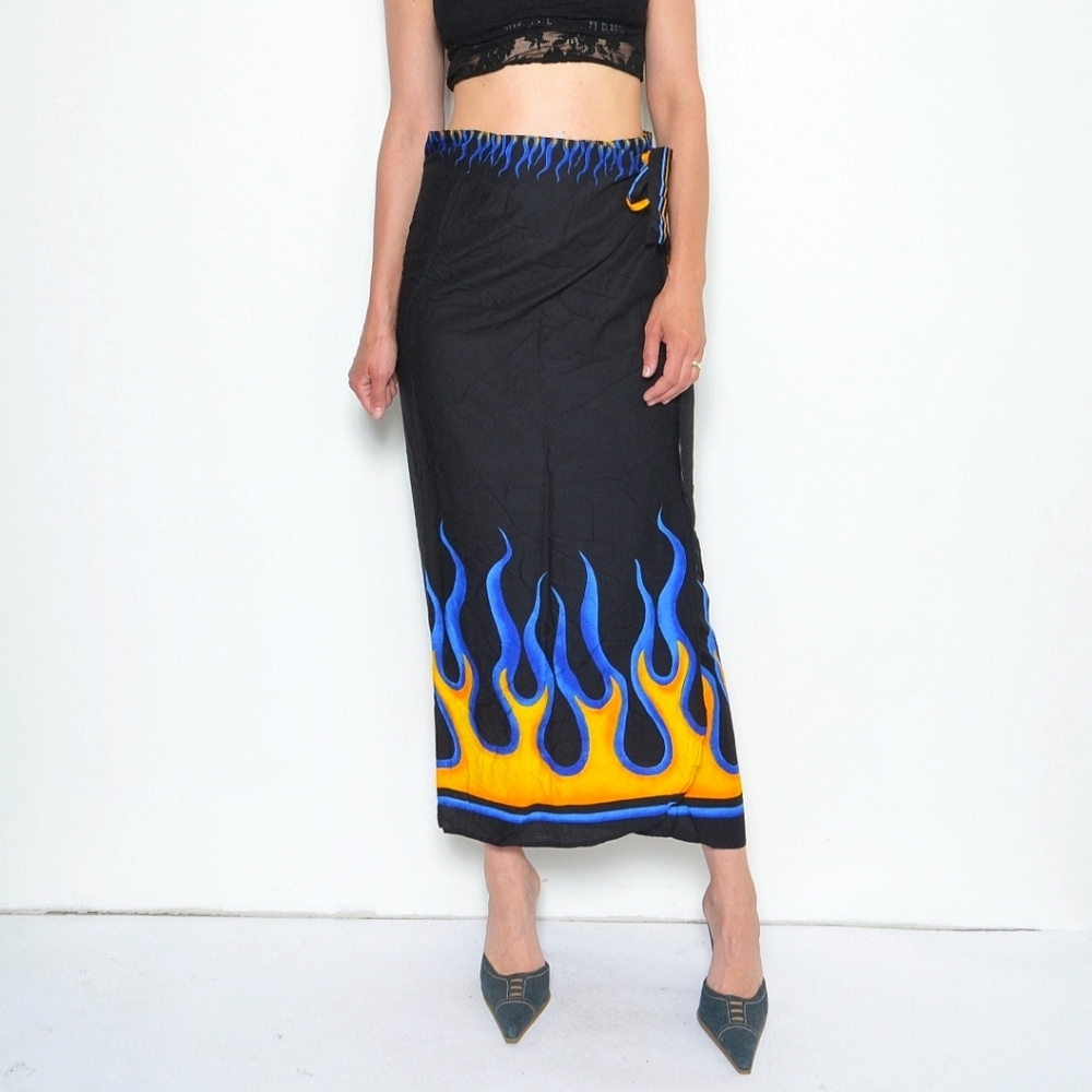Vintage Y2K 90s Flame Print Wrap Midi Skirt